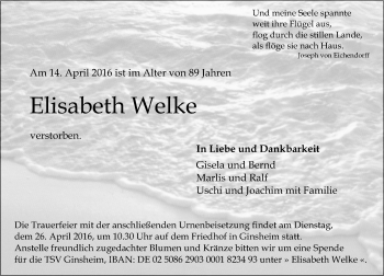 Traueranzeige von Elisabeth Welke von  Allgemeine Zeitung Mainz