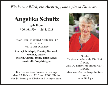 Traueranzeige von Angelika Schultz von  Kreisanzeiger