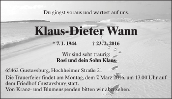 Traueranzeige von Klaus-Dieter Wann von  Allgemeine Zeitung Mainz