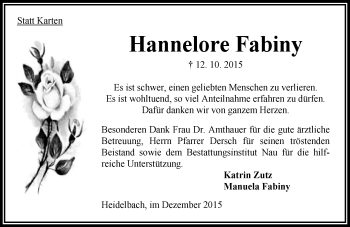 Traueranzeige von Hannelore Fabiny von VRM Trauer