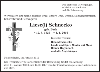 Traueranzeige von Liese Schnecko von  Allgemeine Zeitung Mainz