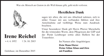 Traueranzeige von Irene Reichel von  Sonntags Anzeiger