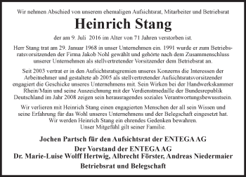 Traueranzeige von Heinrich Stang von Trauerportal Echo Online
