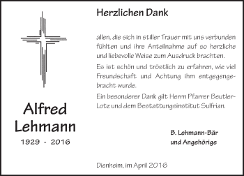 Traueranzeige von Alfred Lehmann von  Landskrone