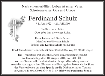 Traueranzeige von Ferdinand Schulz von  Usinger Anzeiger