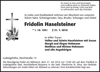Traueranzeige von Fridolin Haselsteiner von Trauerportal Rhein Main Presse