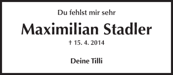 Traueranzeige von Maximilian Stadler von  Allgemeine Zeitung Mainz