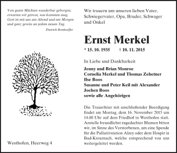Traueranzeige von Ernst Merkel von  Allgemeine Zeitung Alzey