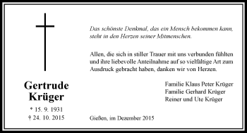 Traueranzeige von Gertrude  Krüger von  Gießener Anzeiger