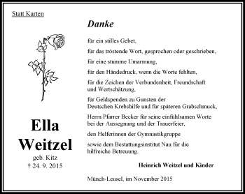 Traueranzeige von Ella Weitzel von VRM Trauer