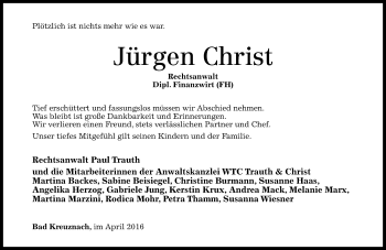 Traueranzeige von Jürgen Christ von trauer.rmp.de