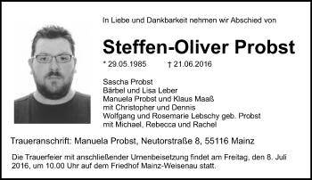 Traueranzeige von Steffen-Oliver Probst von Trauerportal Rhein Main Presse Traueranzeige von Steffen-Oliver Probst von Trauerportal Rhein Main Presse