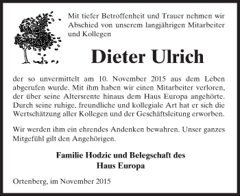 Traueranzeige von Dieter Ulrich von  Kreisanzeiger
