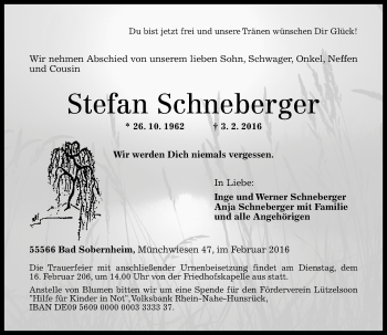 Traueranzeige von Stefan Schneberger von  Allg. Zeitung Bad Kreuznach