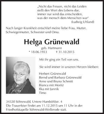 Traueranzeige von Helga Grünewald von  Bürstädter Zeitung