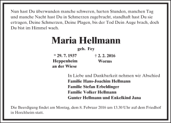 Traueranzeige von Maria Hellmann von  Wormser Zeitung