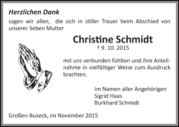 Traueranzeige von Christine Schmidt von  Gießener Anzeiger