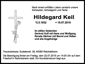 Traueranzeige von Hildegard Keil von Trauerportal Echo Online