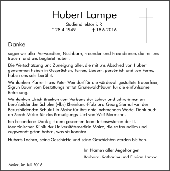 Traueranzeige von Hubert Lampe von Trauerportal Rhein Main Presse Traueranzeige von Hubert Lampe von Trauerportal Rhein Main Presse