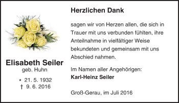 Traueranzeige von Elisabeth Seiler von Trauerportal Echo Online