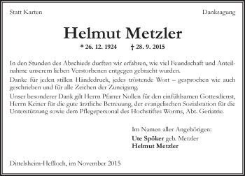 Traueranzeige von Helmut Metzler von  Wormser Zeitung
