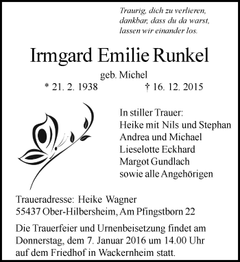 Traueranzeige von Irmgard Emilie Runkel von  Allgemeine  Zeitung Ingelheim-Bingen