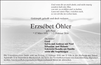 Traueranzeige von Erzsébet Öhler von  Wiesbaden komplett