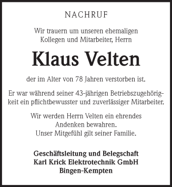 Traueranzeige von Klaus Velten von  Allgemeine  Zeitung Ingelheim-Bingen
