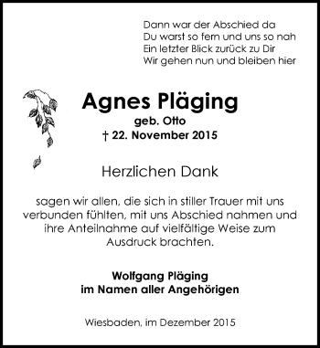 Traueranzeige von Agnes Pläging von  Wiesbaden komplett