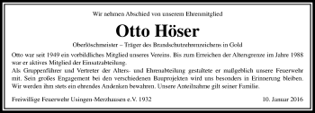 Traueranzeige von Otto Höser von  Usinger Anzeiger