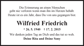 Traueranzeige von Wilfried Friedrich von  Allgemeine Zeitung Mainz