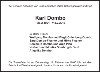 Traueranzeige von Karl Dombo von  Wiesbaden komplett