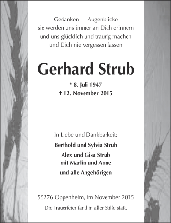 Traueranzeige von Gerhard Strub von  Allgemeine Zeitung Mainz