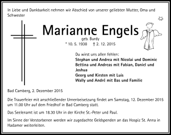 Traueranzeige von Marianne Engels von  Camberger Anzeiger