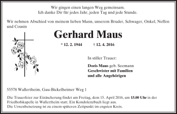 Traueranzeige von Gerhard Maus von  Allgemeine Zeitung Alzey
