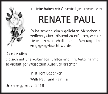 Traueranzeige von Renate Paul von  Kreisanzeiger
