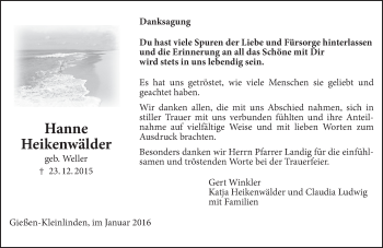 Traueranzeige von Hanne Heikenwälder von  Gießener Anzeiger