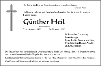 Traueranzeige von Günther Heil von  Allg. Zeitung Bad Kreuznach