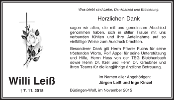 Traueranzeige von Willi Leiß von  Sonntags Anzeiger