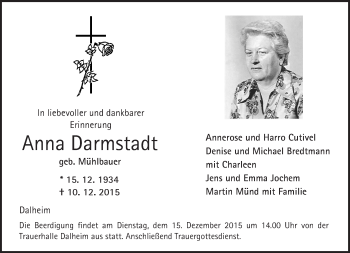 Traueranzeige von Anna Darmstadt von  Landskrone