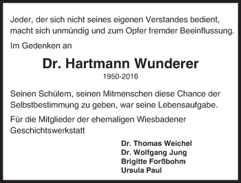 Traueranzeige von Hartmann Wunderer von Trauerportal Rhein Main Presse