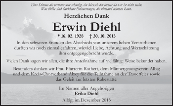 Traueranzeige von Erwin Diehl von  Allgemeine Zeitung Alzey