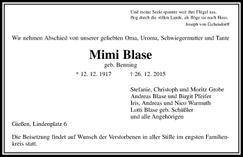 Traueranzeige von Mimi Blase von  Gießener Anzeiger