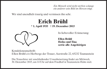 Traueranzeige von Erich Brühl von  WK-UTA/Aar-Bote