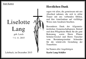 Traueranzeige von Liselotte Lang von VRM Trauer