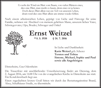 Traueranzeige von Ernst Weitzel von Trauerportal Rhein Main Presse