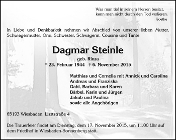 Traueranzeige von Dagmar Steinle von  Wiesbaden komplett