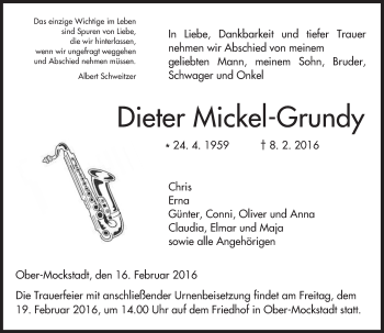 Traueranzeige von Dieter Mickel-Grundy von  Kreisanzeiger