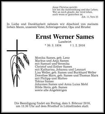Traueranzeige von Ernst Werner Sames von  Gießener Anzeiger