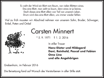 Traueranzeige von Carsten Minnert von VRM Trauer